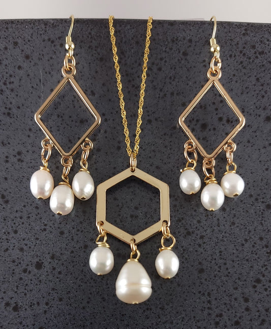Modern Geometric Pearl Necklace, Earring set