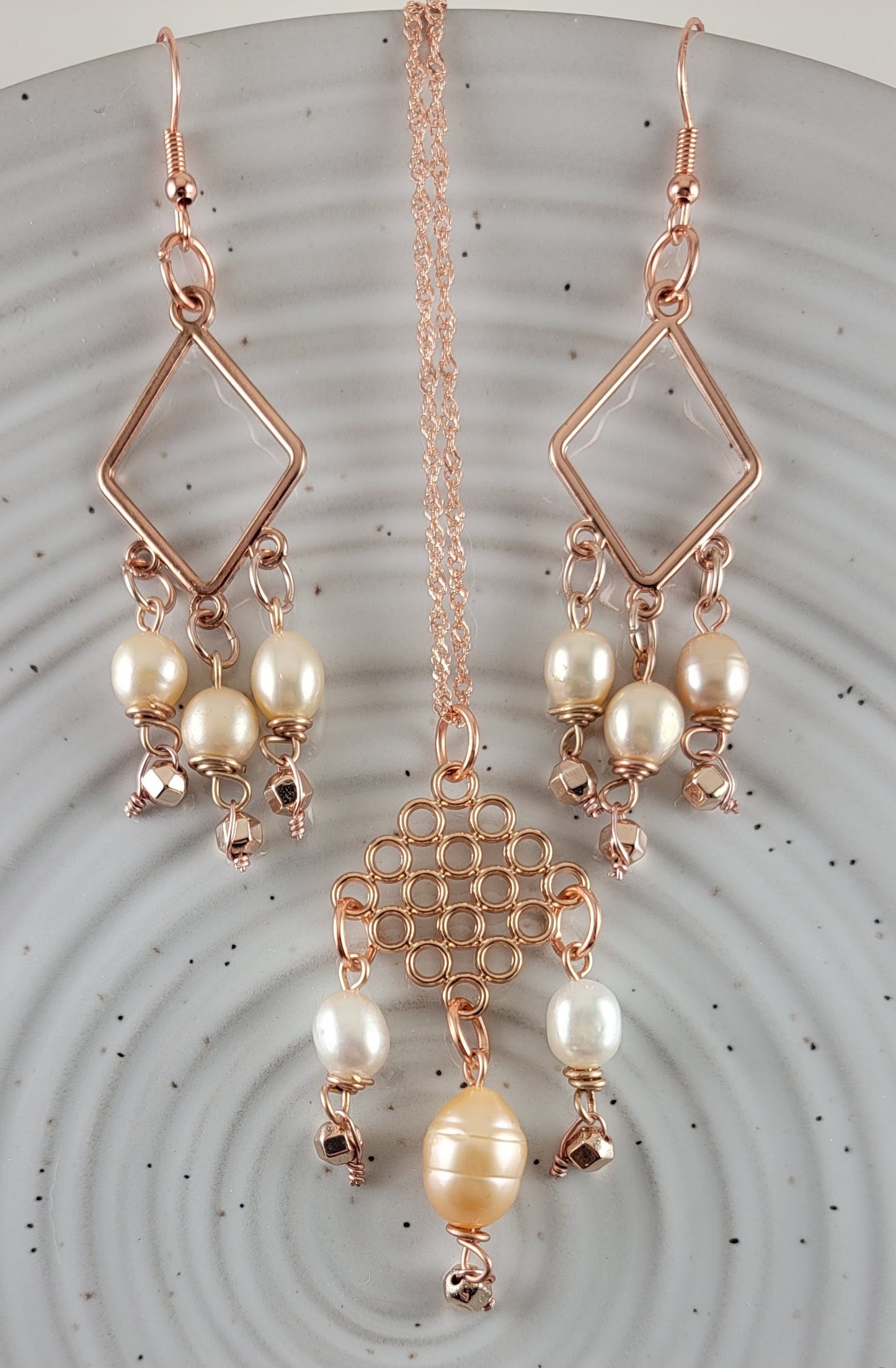 Chic Rose Gold Pearl Necklace, Earring set