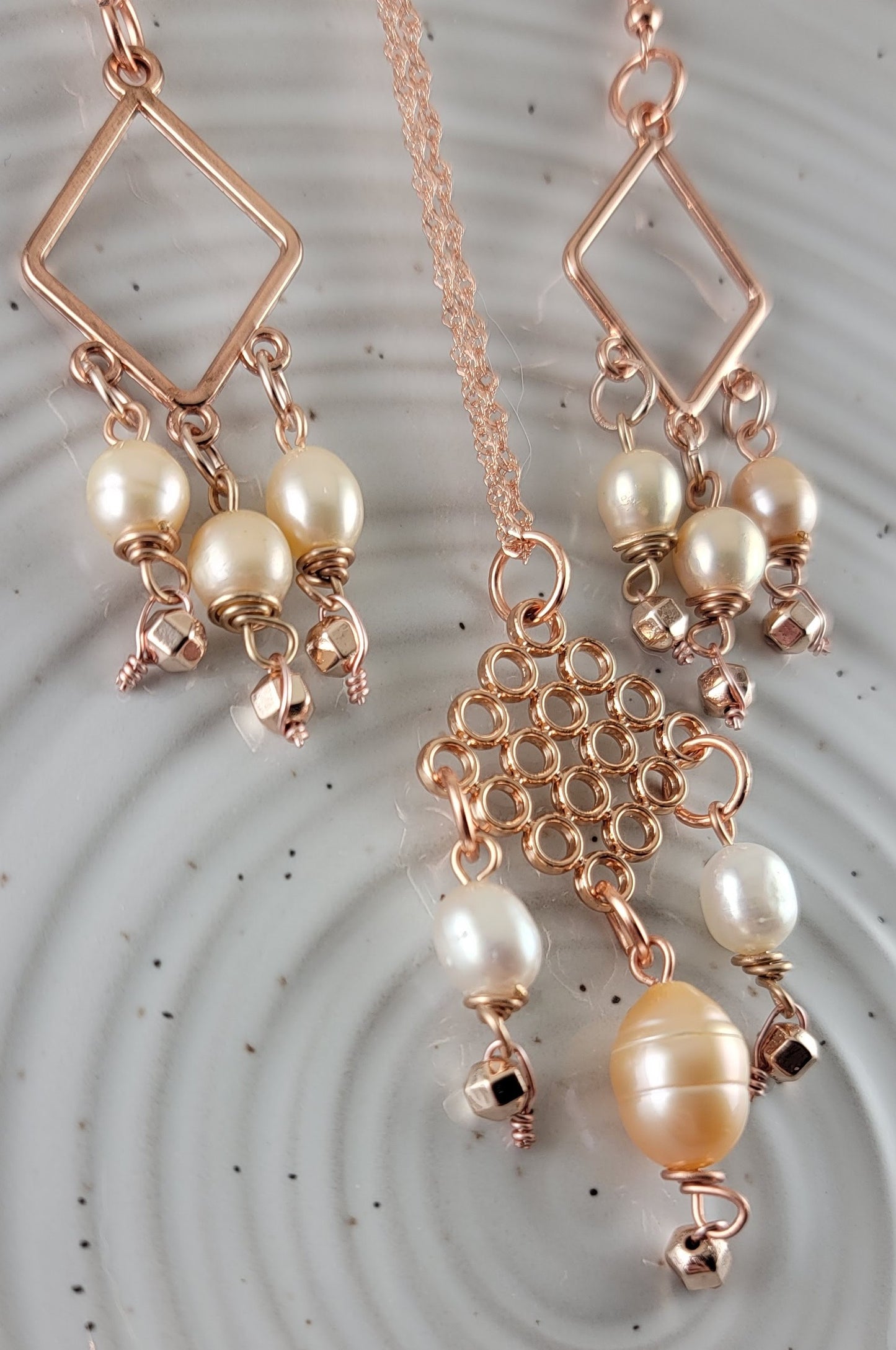 Chic Rose Gold Pearl Necklace, Earring set